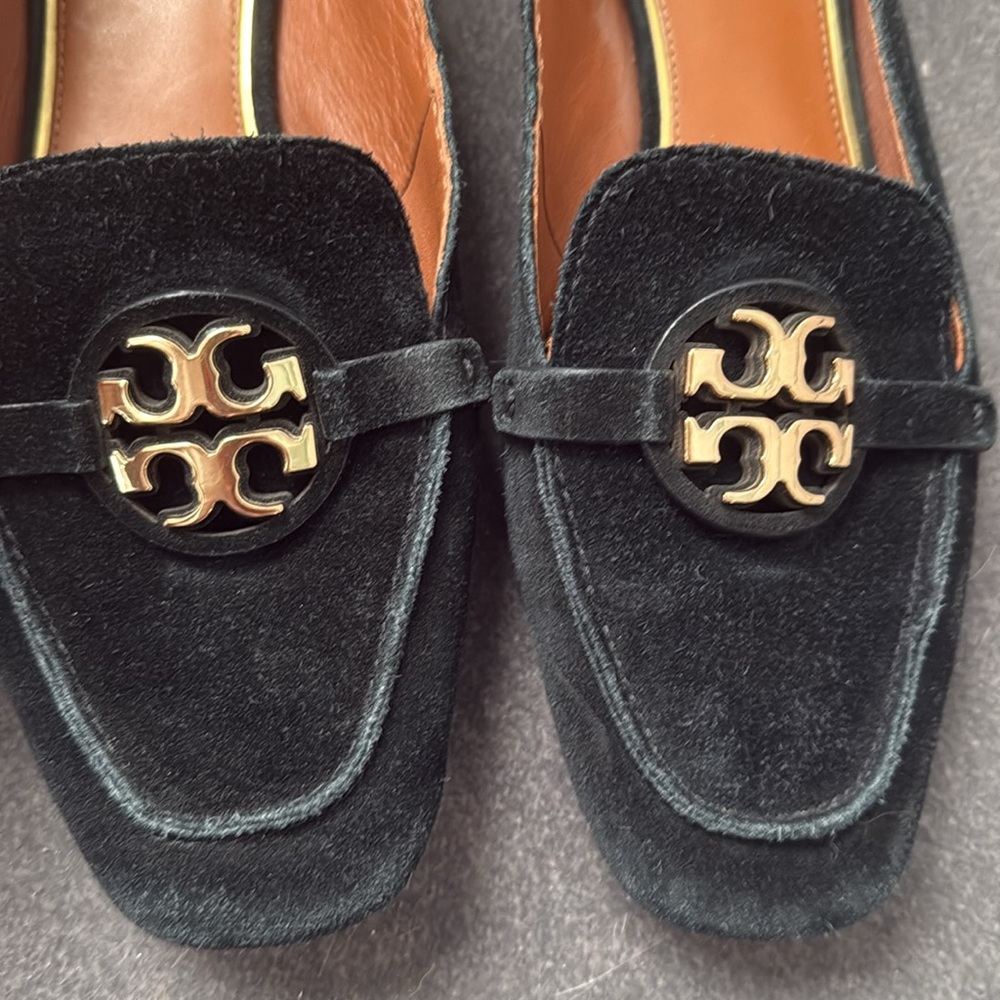 Tory Burch Black Suede Loafers with Gold Logo - Picture 3 of 5